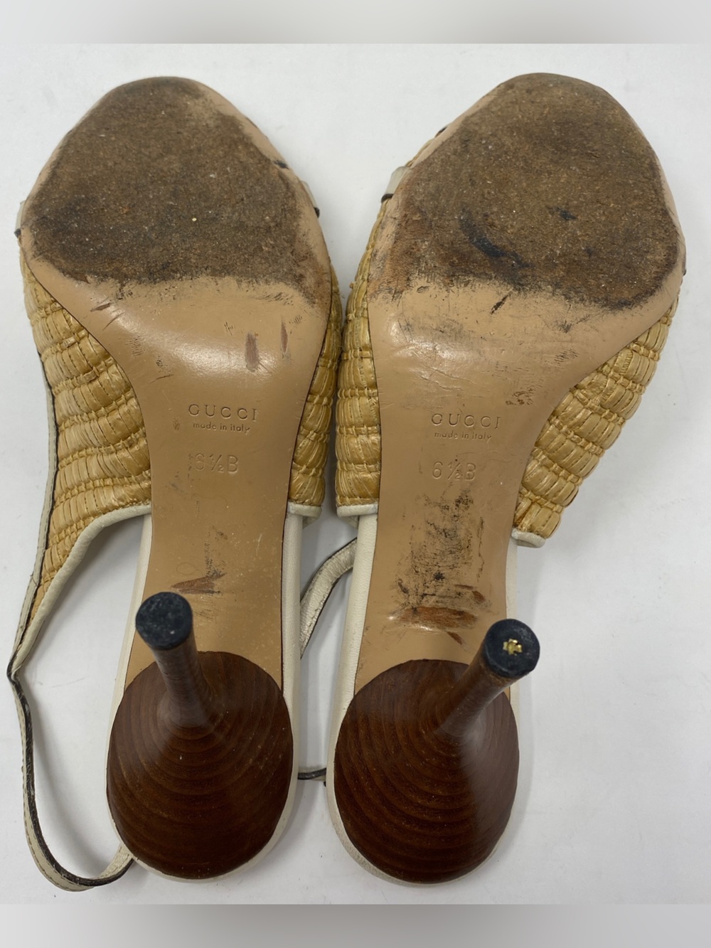 Gucci Peeptoe Woven Raffia Slingback Heels with Bamboo Horsebit 6.5 - Picture 5 of 5